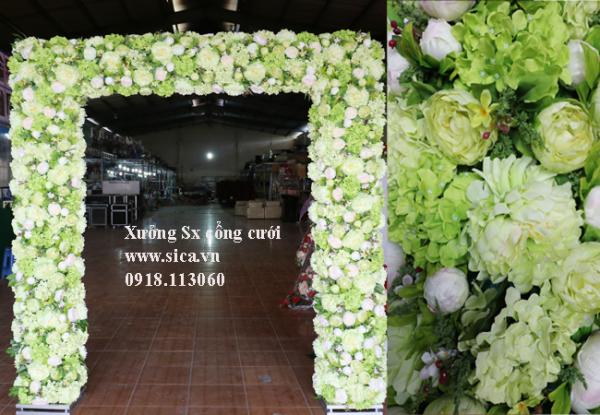 Cổng hoa đám cưới đầu vuông xanh cốm