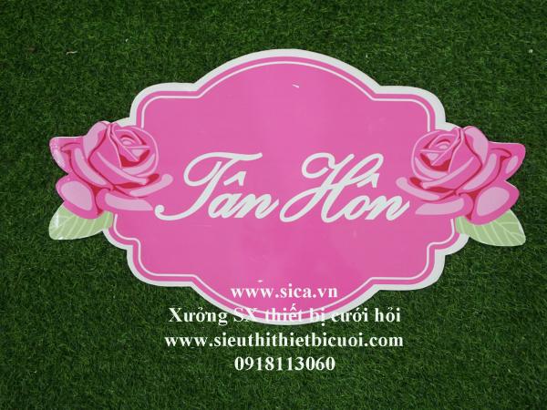 Bảng tên thiết kế chữ Tân Hôn treo cổng hoa cứới nền hồng