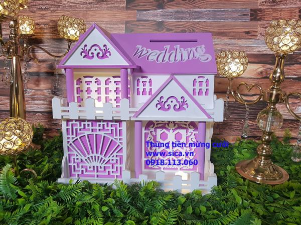 Thùng tiền mừng cưới ngôi nhà 2 tầng màu tím cà
